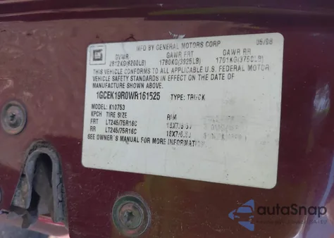 1998 Chevrolet K1500 Fleetside from USA, damaged, VIN 1GCEK19R0WR161525